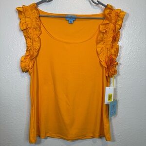 CeCe Women’s Ruffle Sleeve Ribbed Tank Top Bright Orange Size XL New With Tags